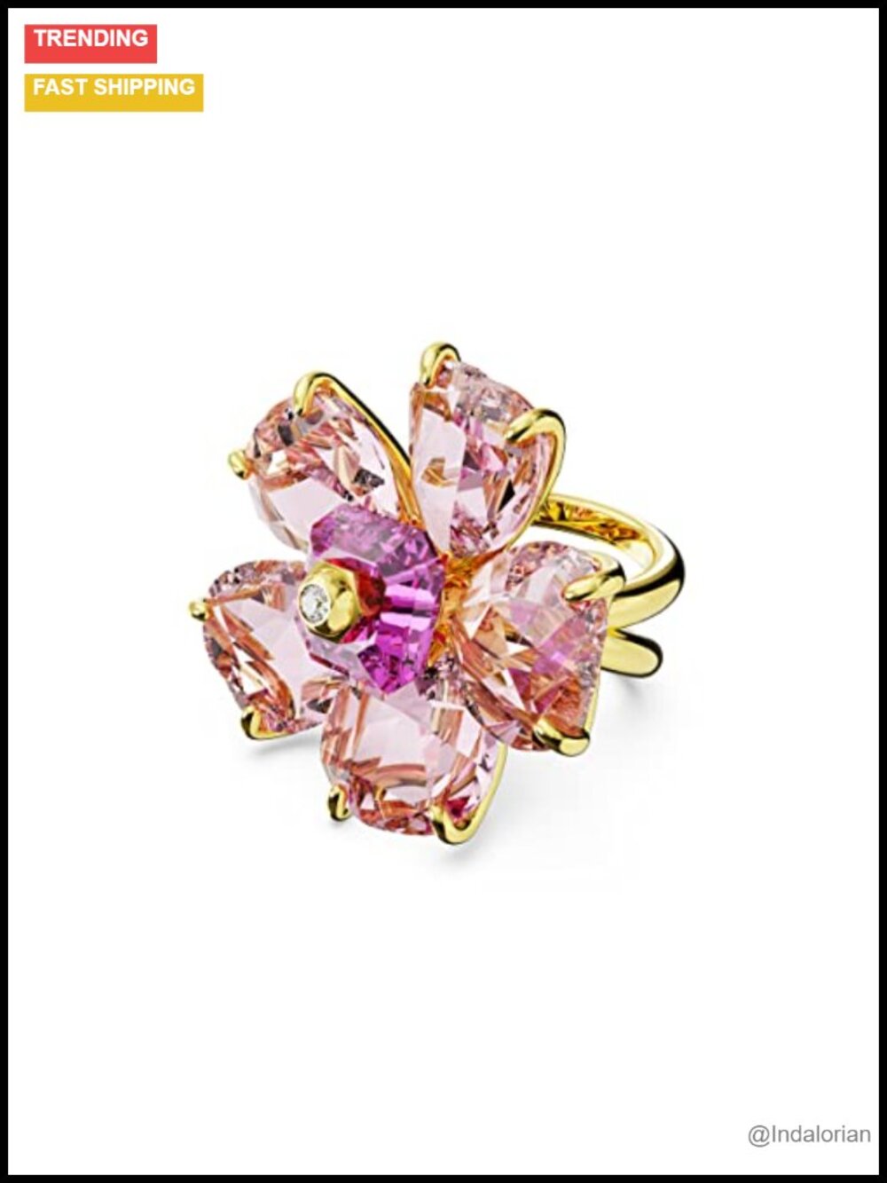 Swarovski Crystal Flower Cocktail Ring Gold-Tone Double Band